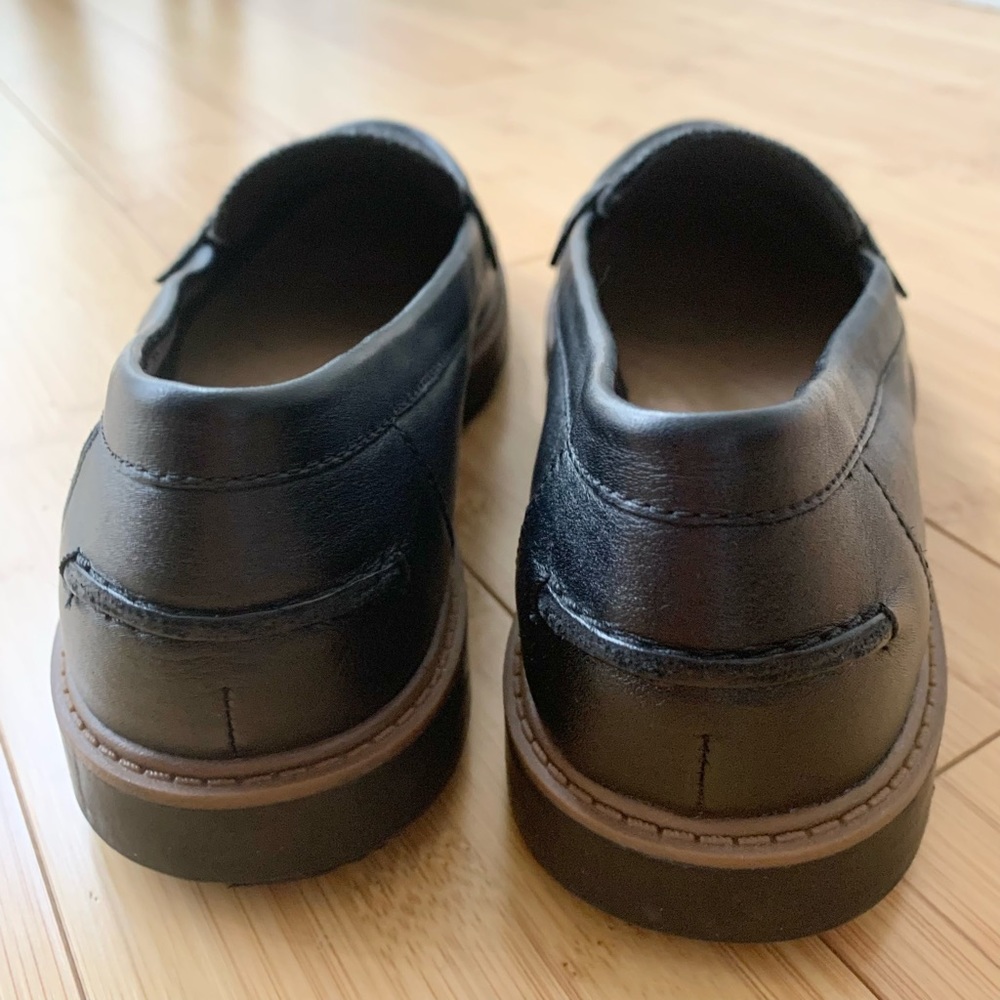 Like New! Clarks Raisie Eletta Black Leather & Gray Tweed Penny Loafer, Size 7 - Picture 4 of 14